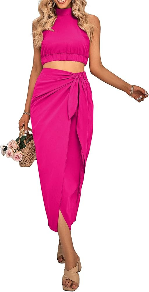 CFLONGE Women's 2 Piece Outfits Casual Sleeveless Halter Crop Top and Draped Ruched Skirt Solid S... | Amazon (US)