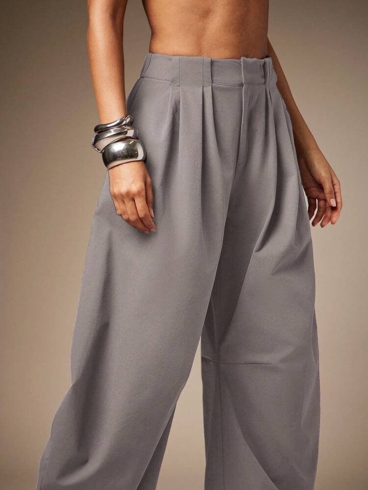 Hauture Basic Summer Casual Solid Charcoal Pleated Oversized Barrel Pants | SHEIN