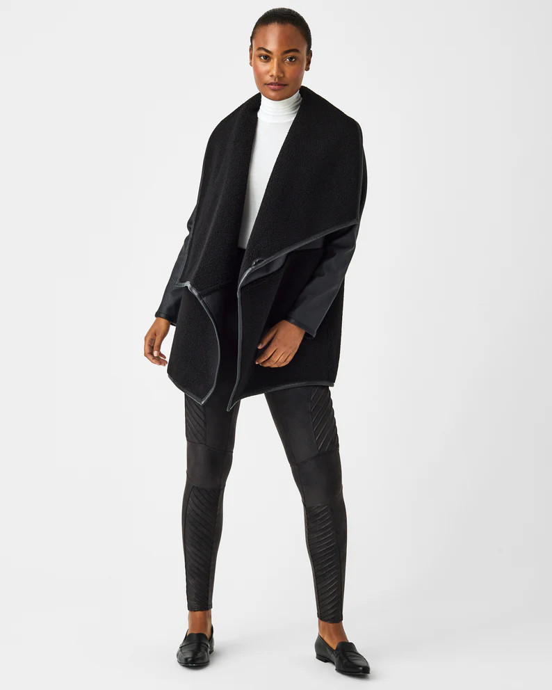 Fleece & Faux Leather Long Wrap Jacket | Spanx