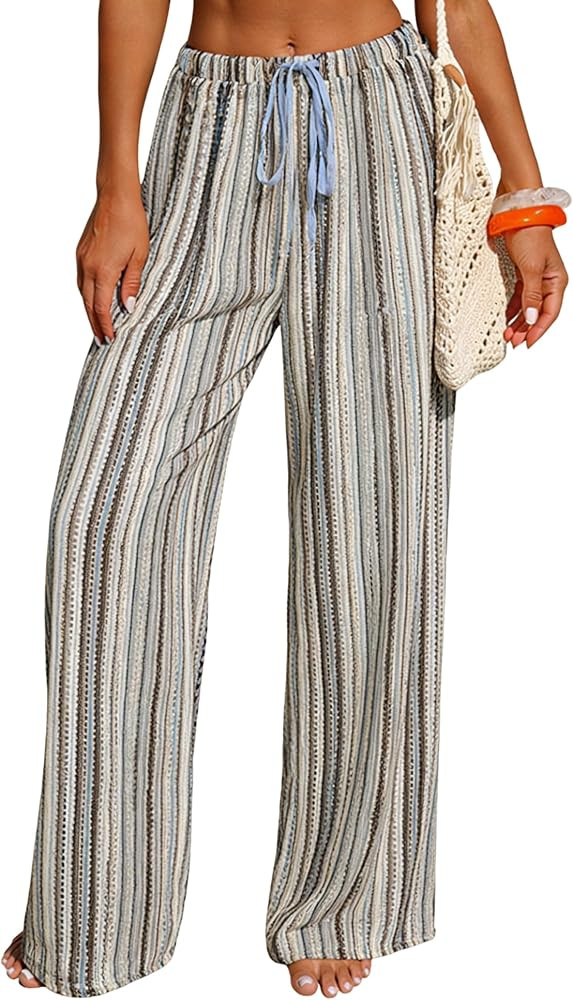 ZAFUL Womens Beach Cover Up Pants Sexy Crochet Drawstring Elastic Boho Swimsuit Cover Up Long Pan... | Amazon (US)