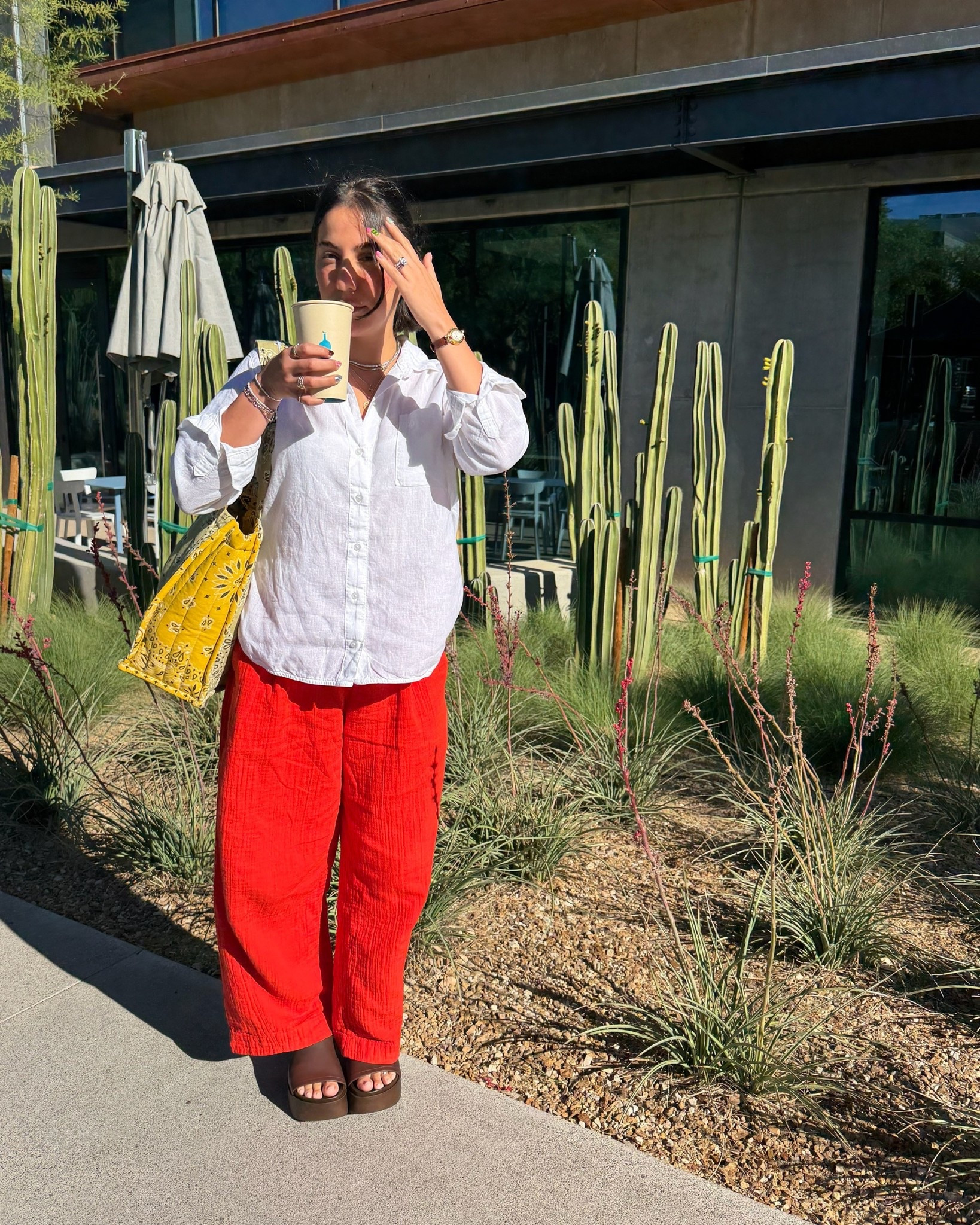 Linen pieces that work in all aspects of life! Wore this to get coffee and then to the airport. Bought XS bottoms in petite 