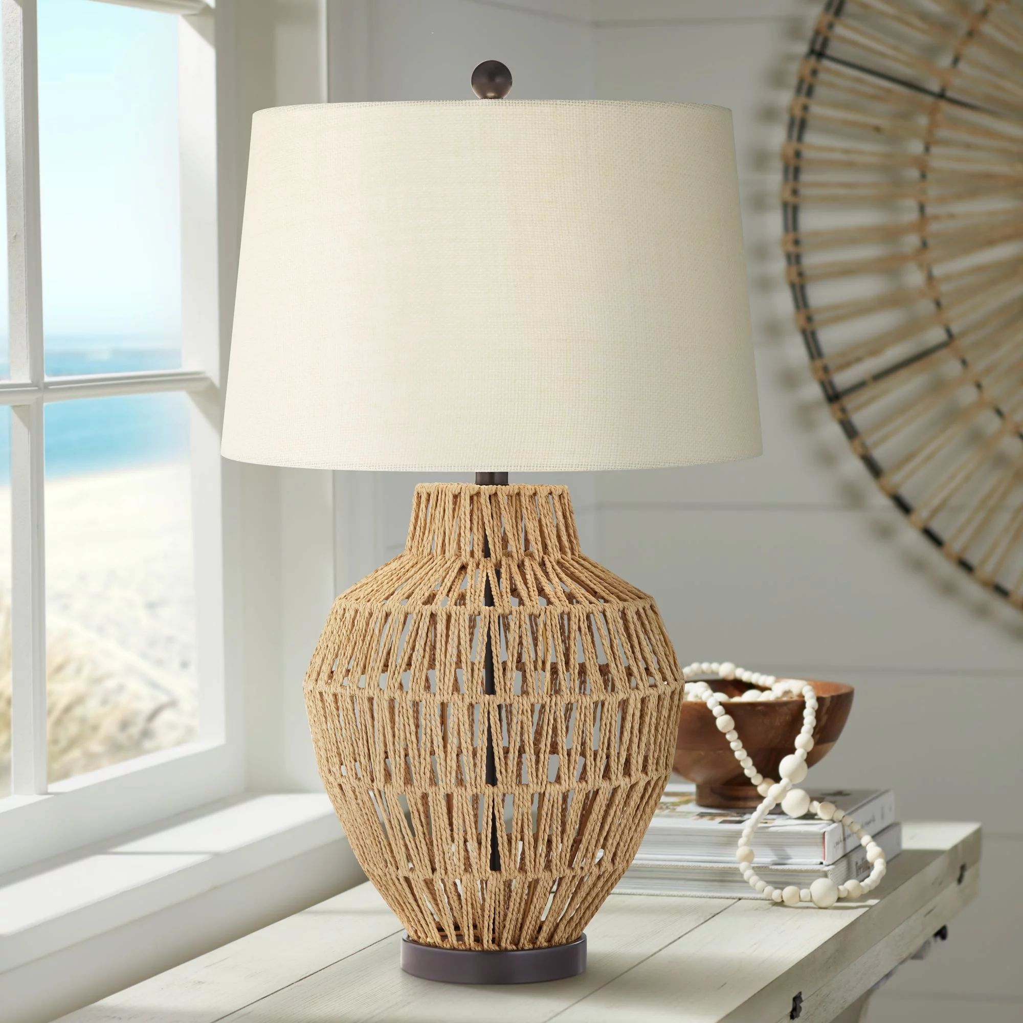 360 Lighting San Marcos Modern Coastal Table Lamp 27" Tall Natural Wicker Oatmeal Drum Shade for ... | Walmart (US)