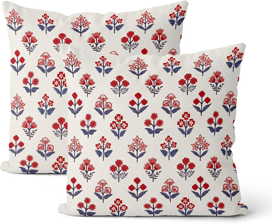 4th of July Pillow Covers 24x24 Inch 2 Pcs Red Blue Block Print Vintage Floral Patriotic Outdoor ... | Amazon (US)