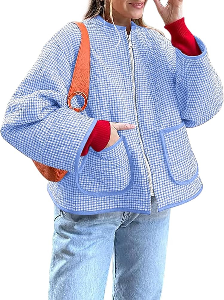 Yousify Womens Jackets Fall Fashion 2025 Crew Neck Quilted Plaid Jacket Full Zipper Coats S-2XL | Amazon (US)