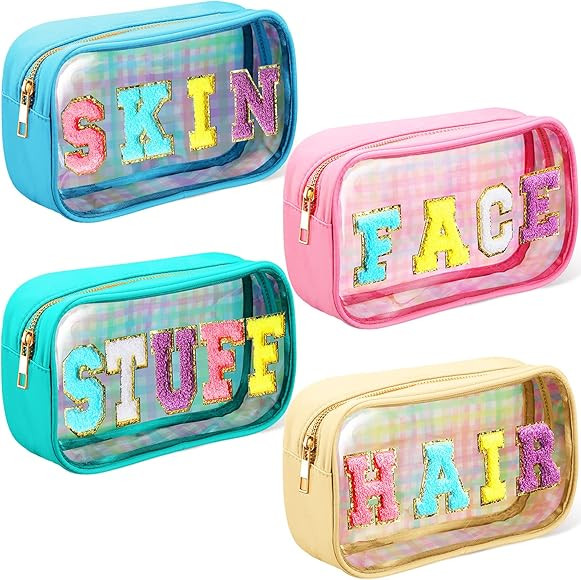 4 Pieces Chenille Letter Cosmetic Bag Set Nylon PVC Clear Waterproof Makeup Pouch Stuff Hair Trav... | Amazon (US)