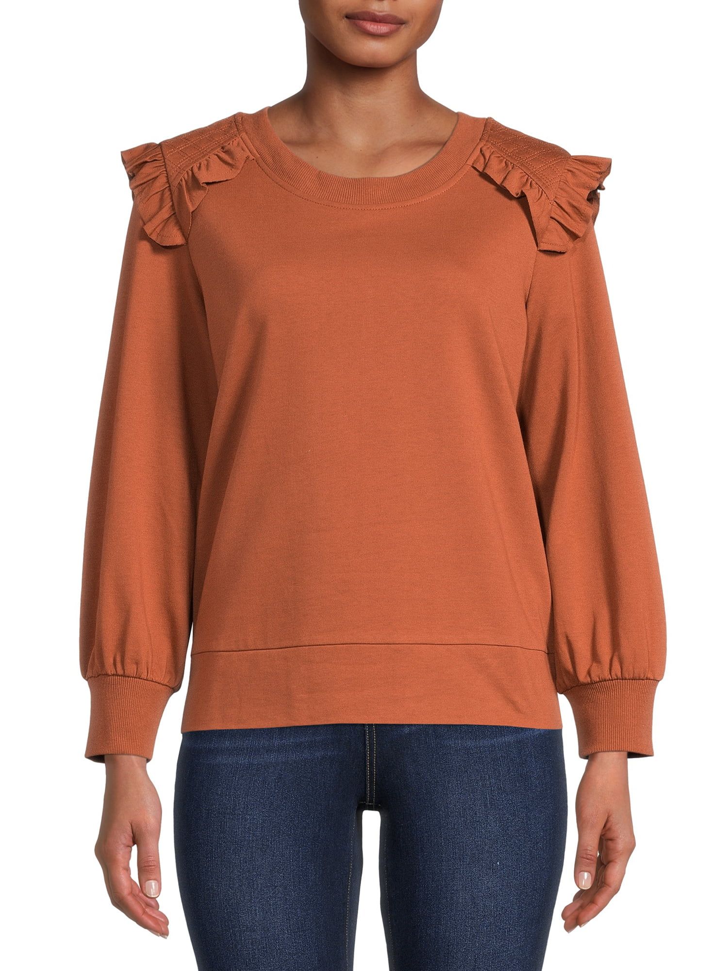 Time and Tru Women's Quilted Ruffle Sweatshirt | Walmart (US)
