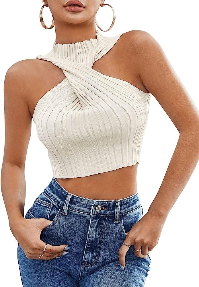 SweatyRocks Women's Sleeveless Halter Twist Front Crop Top Slim Fit Ribbed Knit Vest Tank Tops | Amazon (US)