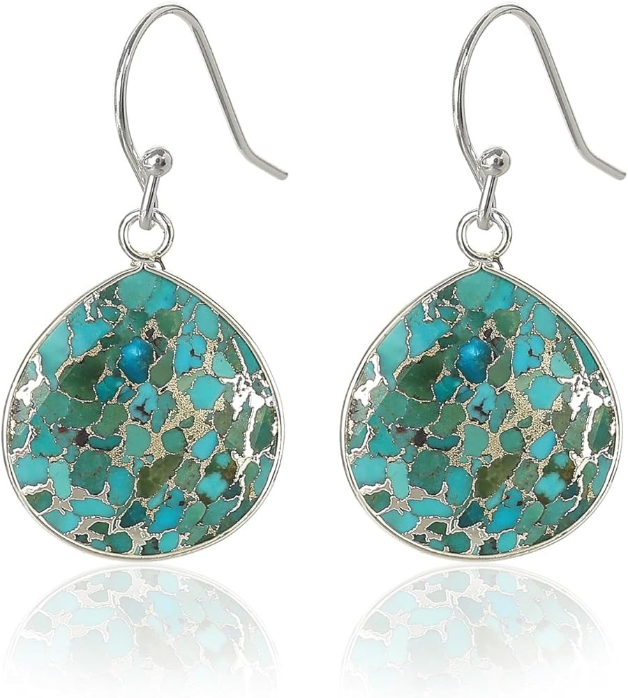 Natural Turquoise Dangle Earrings for Women, 18K Gold Plated Teardrop Gemstone Earrings with Gold... | Amazon (US)