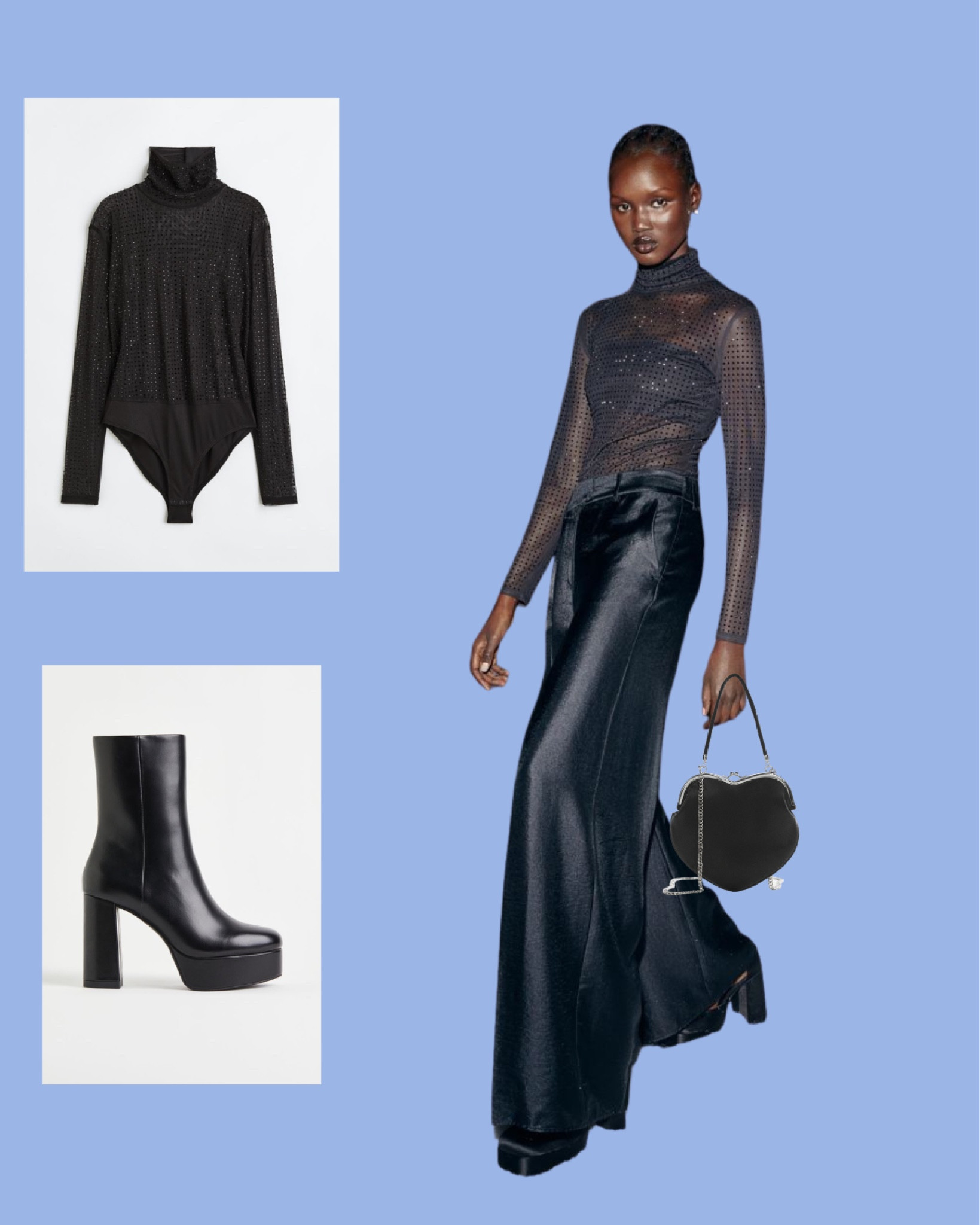 New Arrival from H&M 
Bodysuit in mesh and jersey decorated with sparkling rhinestones. High collar, long sleeves, and snap fasteners at gusset.

Dress pants in satin. High waist, zip fly with button and concealed hook-and-eye fastening, and diagonal side pockets. Straight, wide legs with creases.

High-leg boots with a zipper at one side, block heels, and platform soles. Satin lining and insoles. Platform height approx. 1 3/4 in. Heel height 4 1/4 in.

#LTKunder50 #LTKsalealert #LTKstyletip