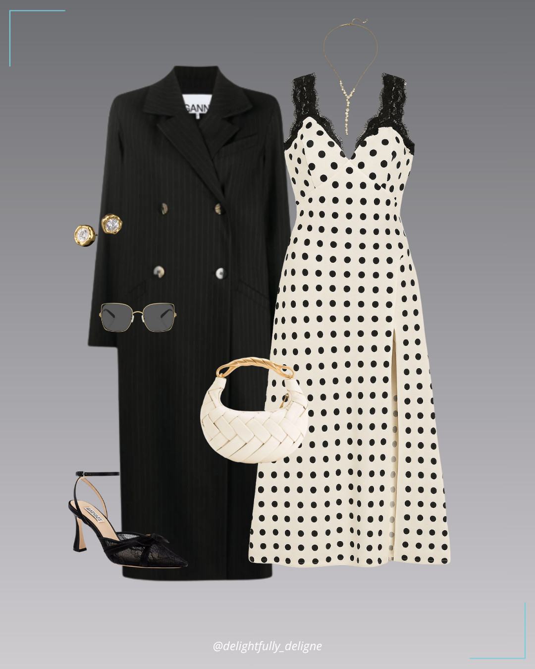 Polka Meets Lace 🤍 Double-breasted striped coat, lace-trim polka-dot dress, Josie pointed-toe pumps, woven handbag, gold cascading necklace, molten bezel studs & sunglasses.   

 #LTKOver40 #LTKStyleTip #LTKWorkwear