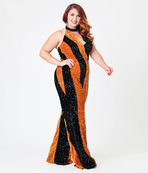 Smak Parlour Plus Size Orange & Silver Sequin Glamour Goddess Jumpsuit | UniqueVintage