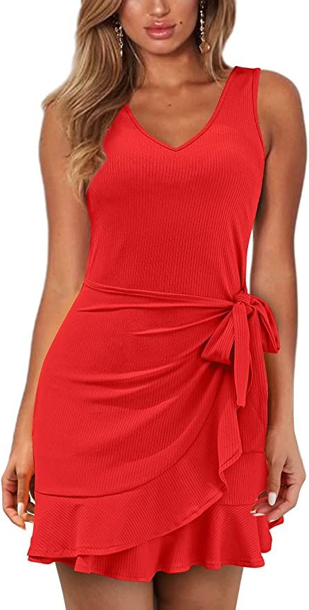 XIEERDUO Front Tie Waist with Ruffle Hem Tank Wrap Dress for Women Dressy Casual | Amazon (US)