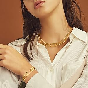 LANE WOODS Gold Chain Necklace and Bracelet for Women Ladies Dainty and Chunky Chain Link Papercl... | Amazon (US)