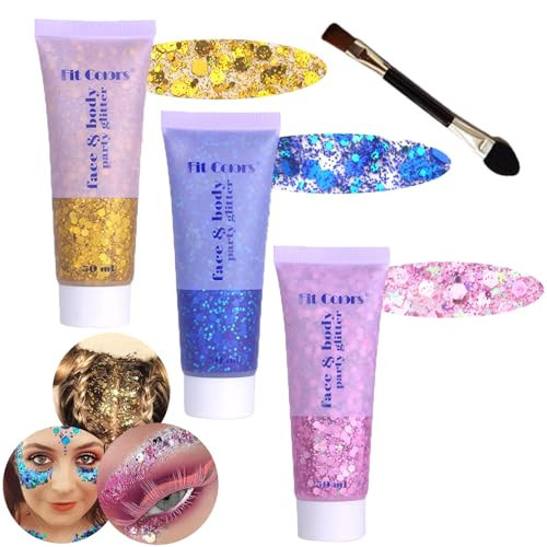 Body Glitter Face Glitter Gel: Singer Concerts Disco Festival Rave Accessories Face Glitter Makeup Chunky Sequins Mermaid Face Body Hair Glitter Gel (Pink&Gold&Blue) | Amazon (US)