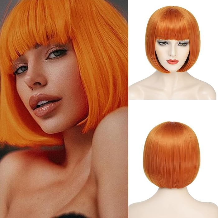 Orange Bob Wig For Women Short Ginger Bob Wig With Bangs Straight Bob Bangs Wig 10 Inch Heat Resi... | Amazon (US)