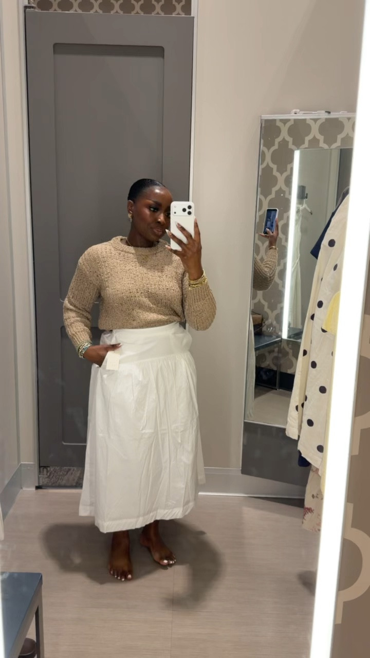 I wanted this bring outfit to work, but something right! The skirt just doesn’t work with my curves, I’m wearing a size small. The sweater is really cute and I’m wearing a size medium.