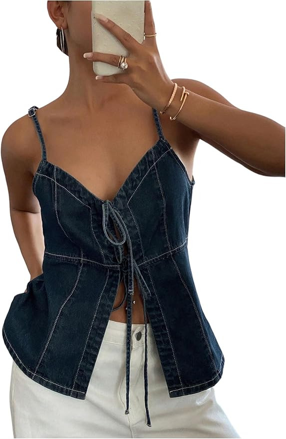 GORGLITTER Women's Denim Bow Tie Front Tops Sleeveless Strappy Backless Y2k Cute Summer Rave Pepl... | Amazon (US)