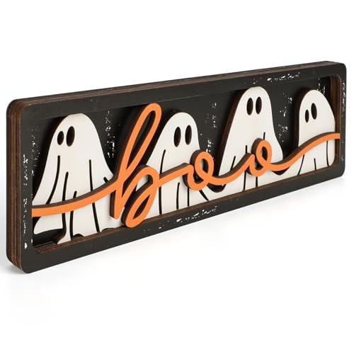 Vintage Halloween BOO Decorations for Office, Home, Table, Mantel, Shelf, Desk, 3 1/2 x 11 Inch Retro Halloween Sign, Wooden Happy BOO Day Decor Sign, Spooky Black Orange Decoration (Ghost) | Amazon (US)