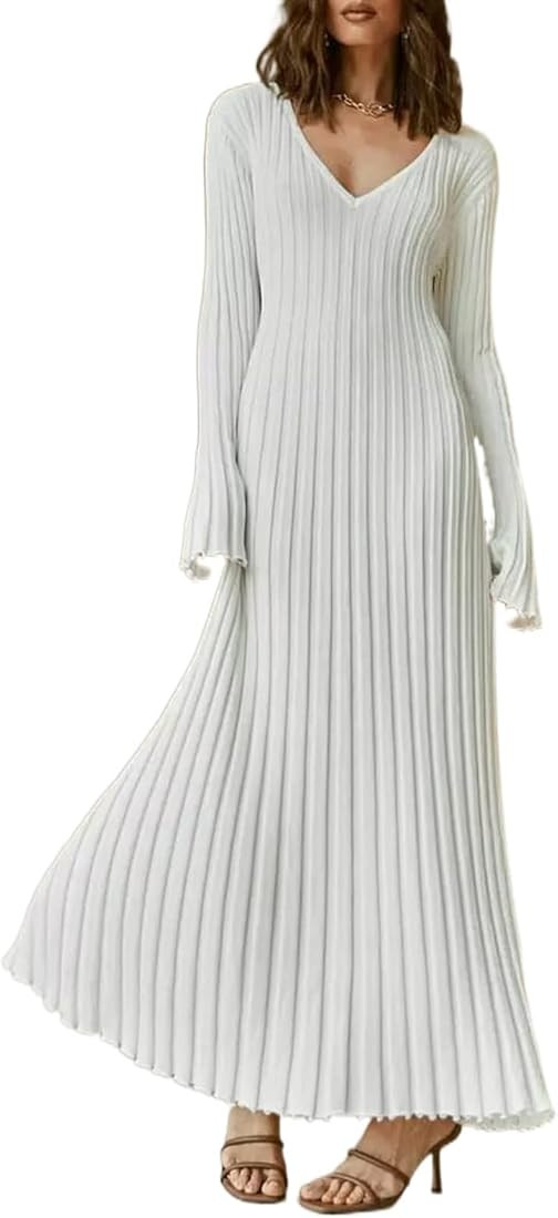 Women Ribbed Knit Maxi Dress Long Sleeve V Neck Slim Fit Bodycon Pencil Long Dress Party Clubwear | Amazon (US)