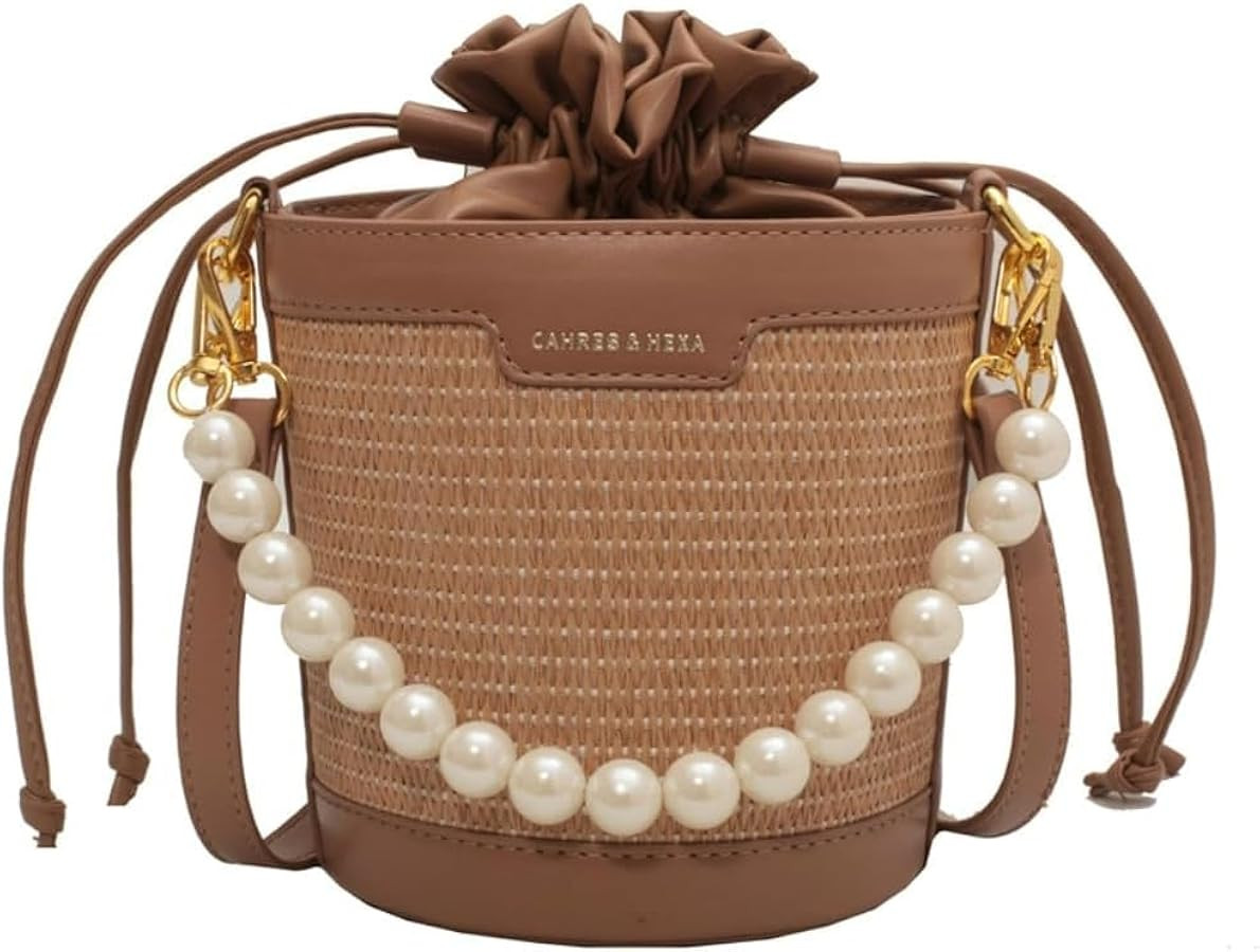 Classic Summer Women Straw Shoulder Bucket Bag Handwoven Pearl Cross-body Retro Rattan Weaving Fe... | Amazon (US)