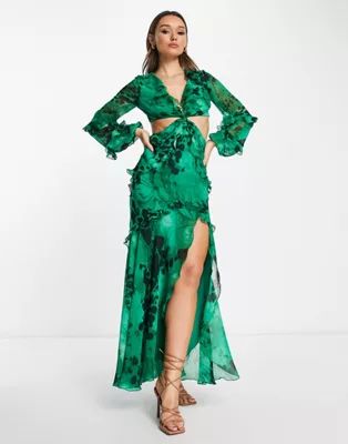 ASOS DESIGN twist waist cut out maxi dress with ruffle detail in green watercolor floral print | ASOS (Global)