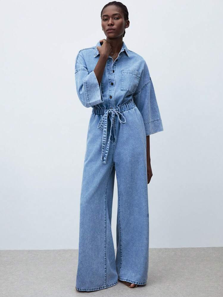 Maija Women's Casual Lightweight Denim Jumpsuit With Drawstring Waist, 3/4 Sleeve, Suitable For Urban Wear, Office Outfit Women, Autumn, Fall Clothes | SHEIN