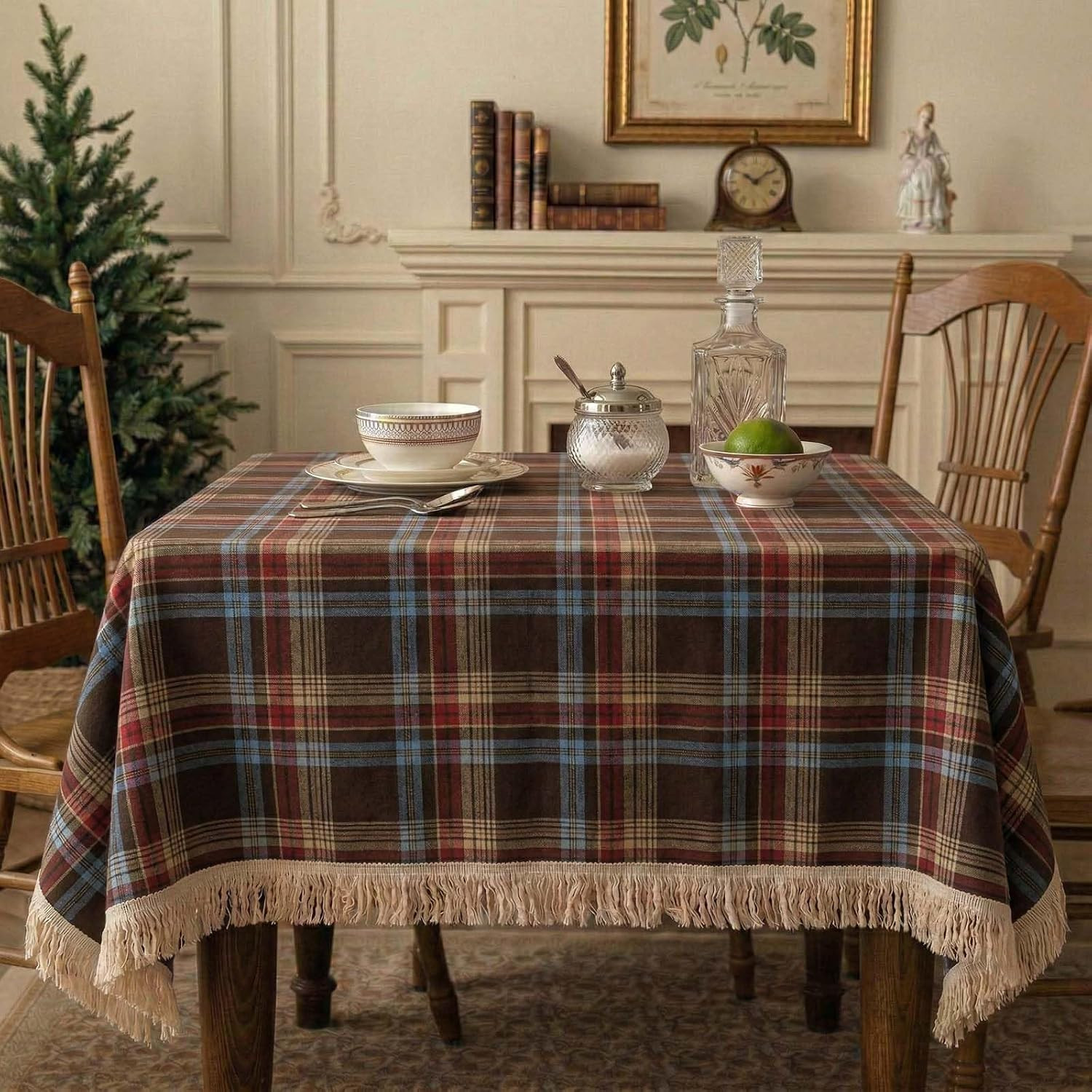 Plaid Tablecloth with Tassels, 1 Pack, 55 Inch Round, Brown | Amazon (US)