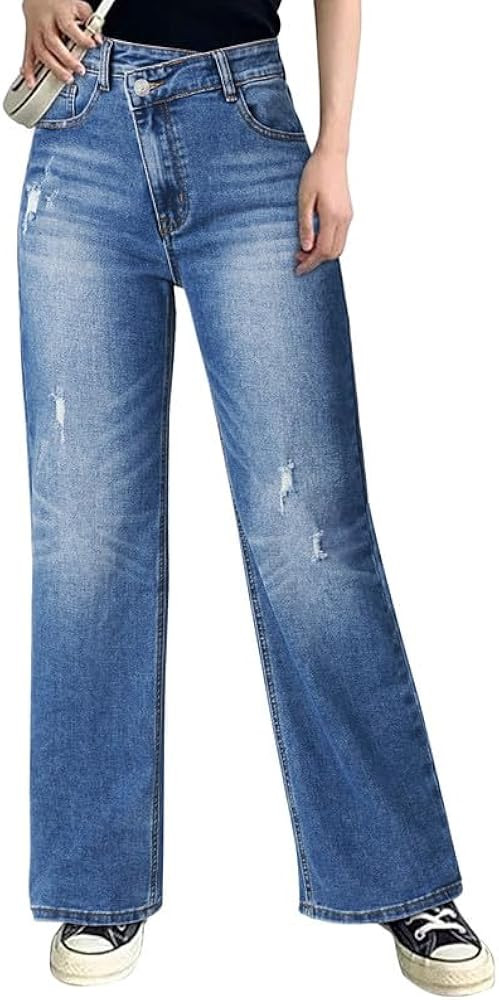 Genleck Women Crossover Wide Leg Jeans – Stretch Baggy Jeans High Waisted Trendy Boyfriend Jean... | Amazon (US)
