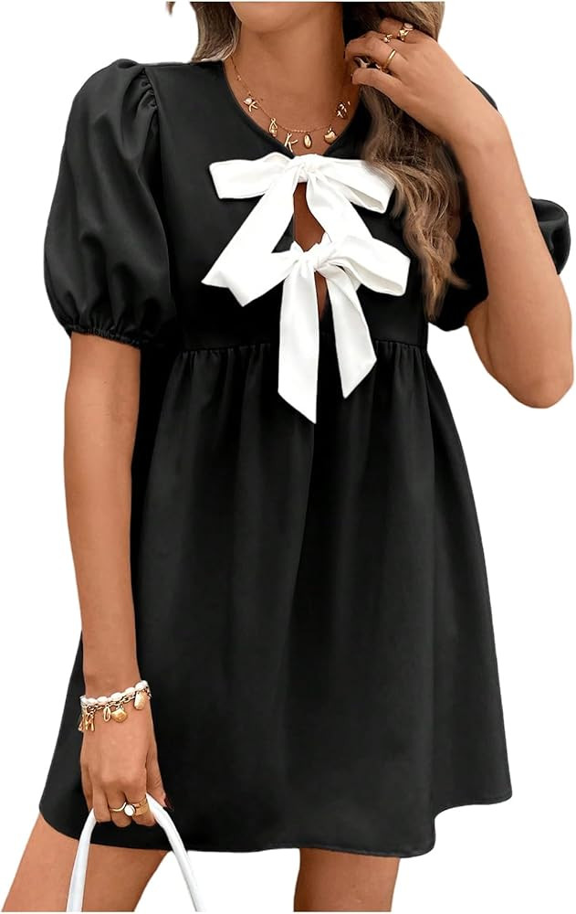 SweatyRocks Women's Bow Puff Short Sleeve Dress Tie Front A Line Babydoll Dresses | Amazon (US)