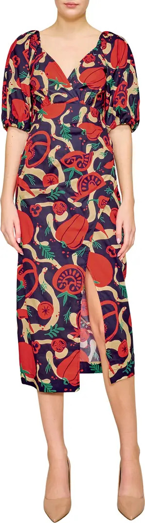 Puff Sleeve Poplin Faux Wrap Midi Dress | Nordstrom Rack