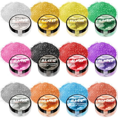 Edible Glitter for Drinks - 12 Colors Luster Dust Edible with Spoons Brushes, Food Grade Edible Glitter for Cake Decorating, Shimmering Edible Powder for Fondant, Chocolate, Strawberries, Candy - 4g | Amazon (US)