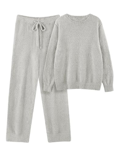 VXVGER Womens Fuzzy Fleece Pajamas Set 2 Piece Cozy Pjs Lounge Set Warm Long Sleeve Knit Pullover Sweater Pants Loungewear(Grey,XXL) | Amazon (US)