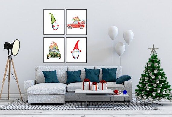 Watercolor Christmas Wall Art Set, Digital Download, Gnomes Decor, Printable Wall Art, Holiday El... | Etsy (US)