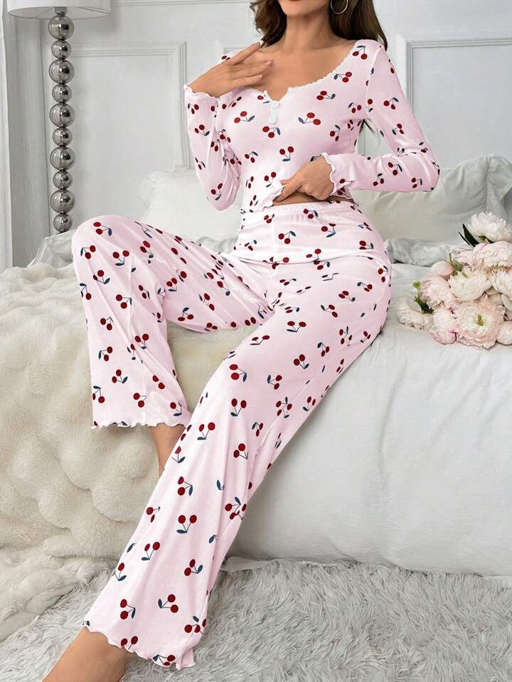 Cherry Printed Collar Floral Lace Long Sleeve Pajama Set | SHEIN