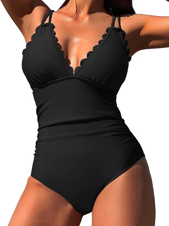 SOCIALA Scalloped One Piece Swimsuit Women 1 Piece Ruched Tummy Control Bathing Suit V Neck Cut O... | Amazon (US)
