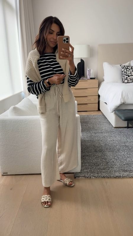 Wearing a size 4 in linen pants, xs in striped top and cardigan. Sandals are so comfortable and run TTS 

#LTKover40 #LTKfindsunder100 #LTKstyletip