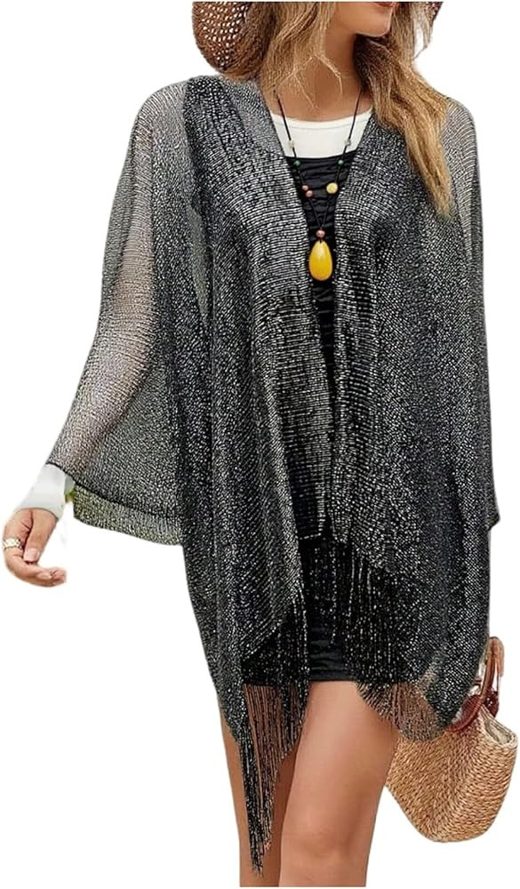 SHENHE Women's Shiny Long Kimono Swimsuit Cover Ups Fringe Shawl Wrap Beach Duster Coverup Black ... | Amazon (US)