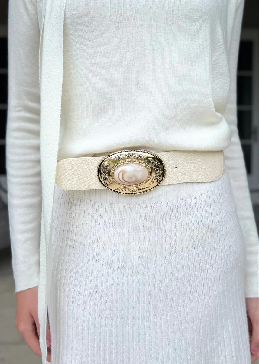 Darlene Elastic Stretch Oval Metal Stone Accent Belt - Ivory | Benaar La