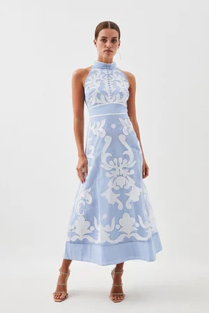 Petite Applique Organdie Midi Woven Dress | Karen Millen US