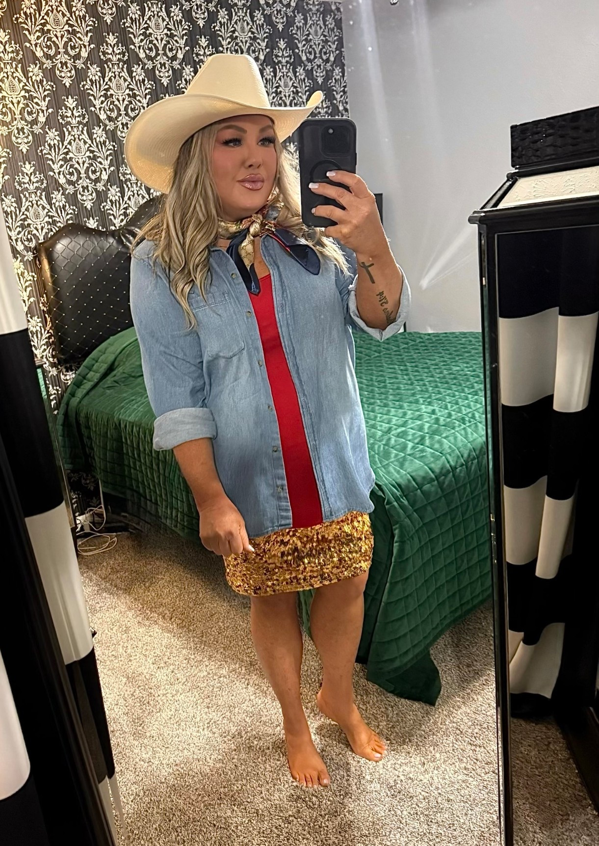 Okay THIS is giving effortless Texas glam with a little sparkle moment and I’m here for it 🤠✨

Denim + sequins is one of my favorite “looks expensive but didn’t try too hard” combos. The chambray softens the glam, the red underneath adds that pop, and this gold mini… she’s the main character. Finished it with a classic hat + silk scarf for that elevated cowgirl energy.

This is exactly how you mix casual + glam without looking like you tried too hard… it just hits.

Everything linked in my LTK 🛍️

#denimstyle #sequinskirt #cowgirlstyle #westernchic #ltkstyle #ltkwear #ltkitgirl #outfitinspo #styledlook #effortlessstyle #luxuryonabudget #dallasinfluencer #influencer #dallasblogger #dallascontentcreator #contentcreator

#LTKPetite #LTKOver40 #LTKPlusSize
