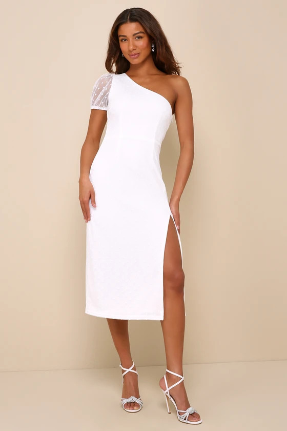 Amazing Glamour White Polka Dot Mesh One-Shoulder Midi Dress | Lulus