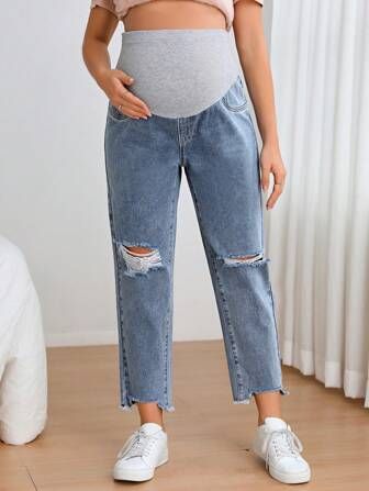 SHEIN Maternity Wideband Waist Ripped Raw Hem Jeans | SHEIN