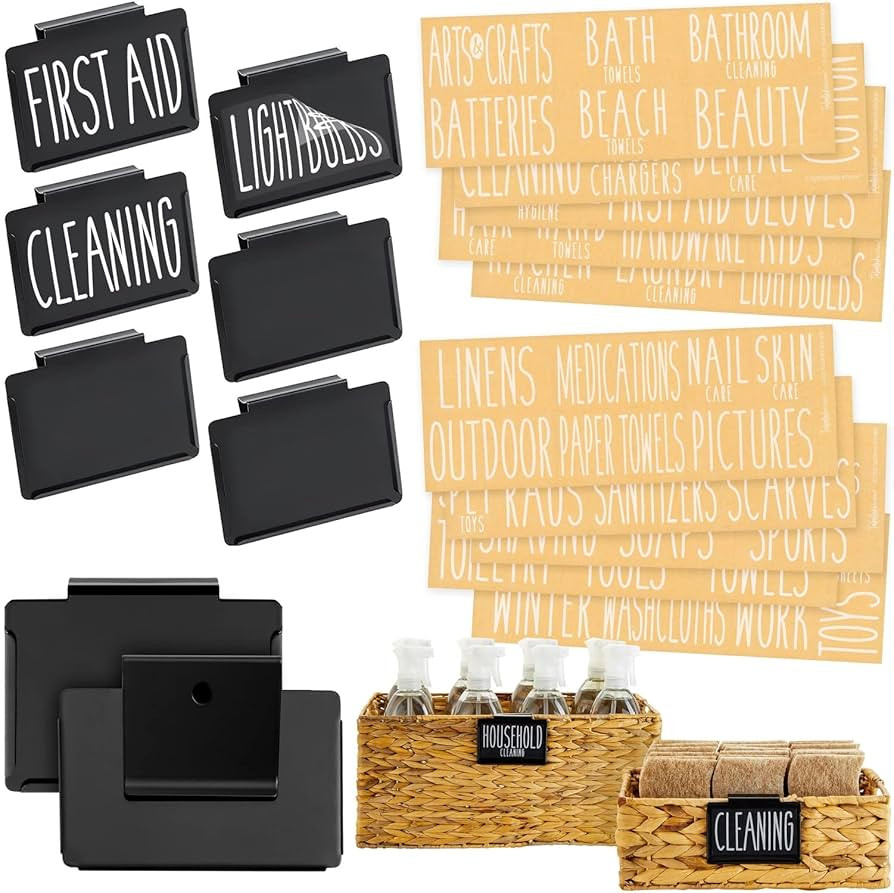 Talented Kitchen 8 Pack Metal Basket Labels Clip On Holders with 70 Household Labels for Storage ... | Amazon (US)