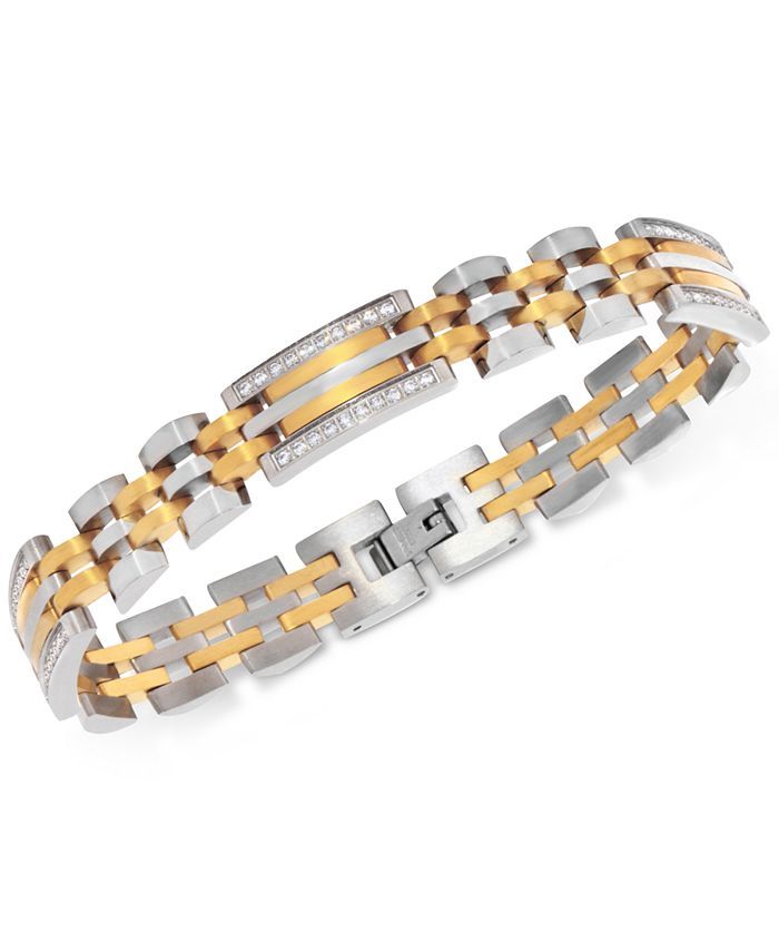 Macy's Men's Diamond Two-Tone Link Bracelet (1/2 ct. t.w.) in Stainless Steel and Yellow Ion-Plat... | Macys (US)