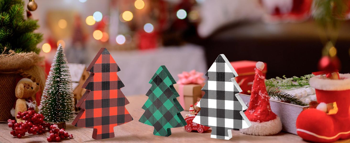 OSNIE 3 Pieces Christmas Tree Buffalo Plaid Tiered Tray Decor Xmas Freestanding Wooden Table Sign... | Amazon (US)