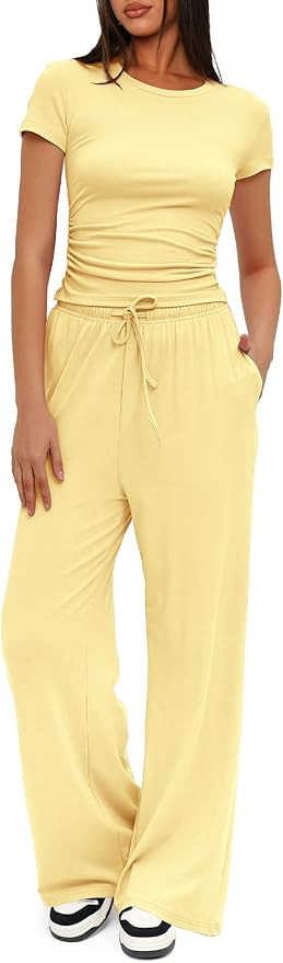 Darong Women's 2 Piece Set Outfits Lounge Sets Ruched Short Sleeve Tops High Waisted Wide Leg Pan... | Amazon (US)