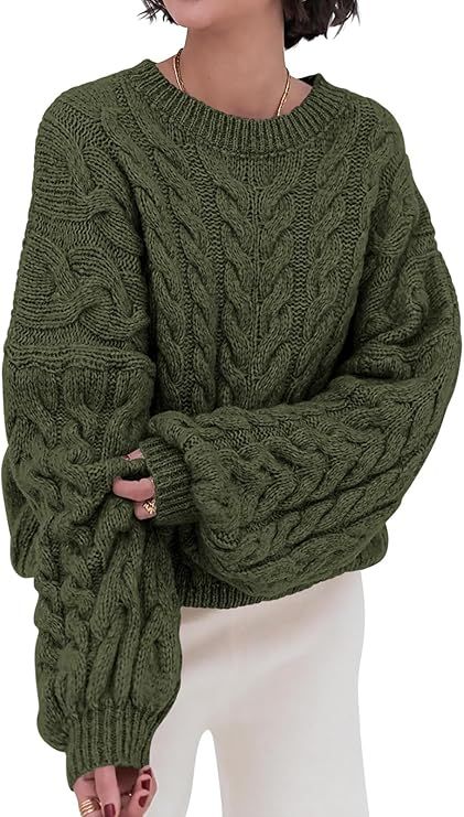 PRETTYGARDEN Womens Sweaters Fall 2024 Cable Knit Long Sleeve Crewneck Oversized Sweater Chunky P... | Amazon (US)