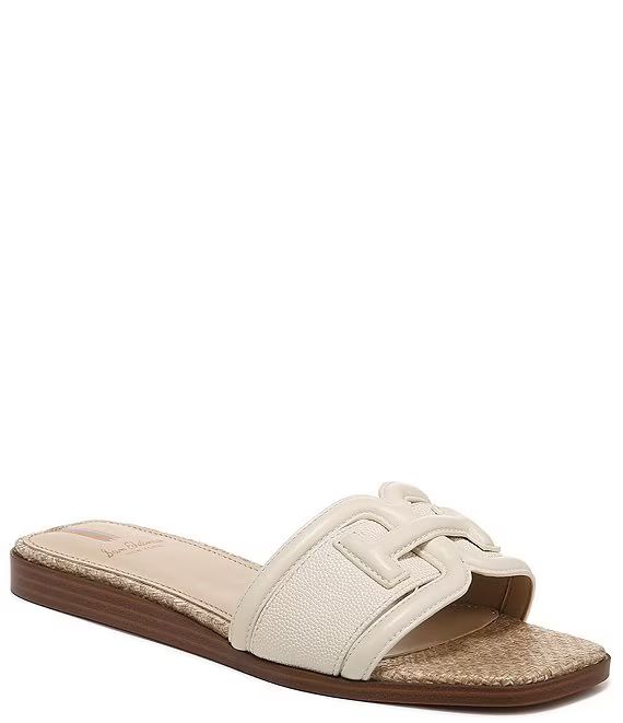 Sam Edelman Irina Leather and Lizard Embossed Double E Square Toe Flat Slide Sandals | Dillard's | Dillard's