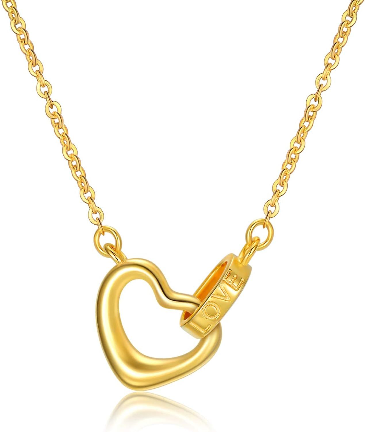 18K Solid Gold Heart Necklace for Women, Real Gold Engraved Love Heart Pendant Valentine's Day An... | Amazon (US)