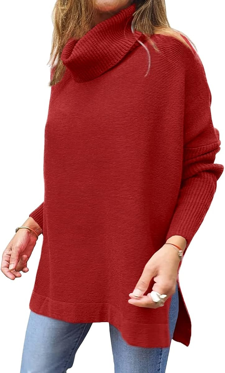 LILLUSORY Women's Turtleneck Oversized Sweaters 2022 Fall Long Batwing Sleeve Spilt Hem Tunic Pul... | Amazon (US)